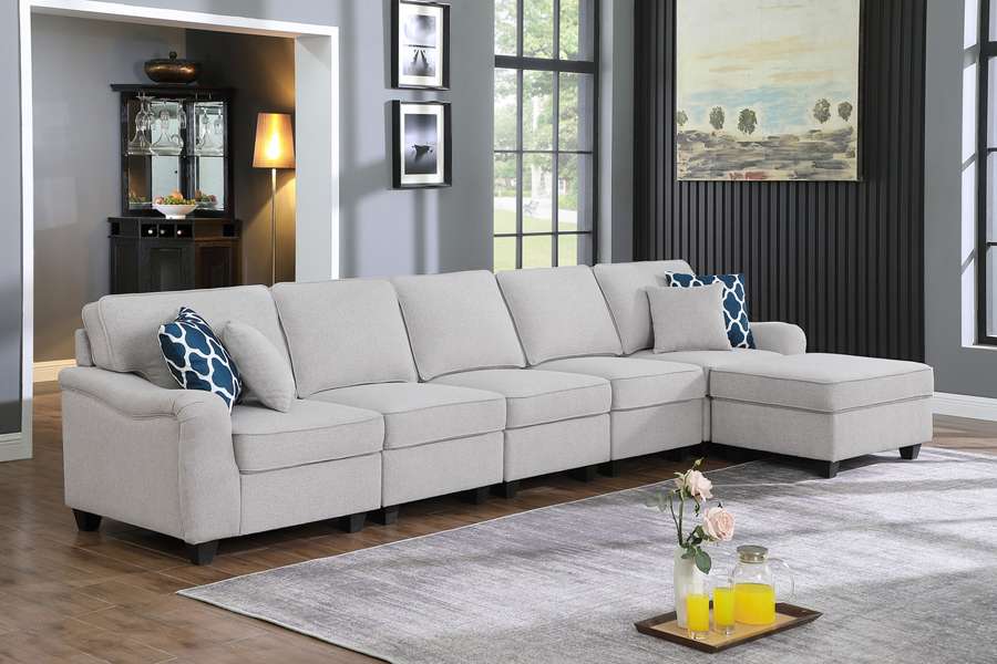 Lilola Home - Leo Light Gray Linen 6 Seater Sofa and Ottoman - 89121-7