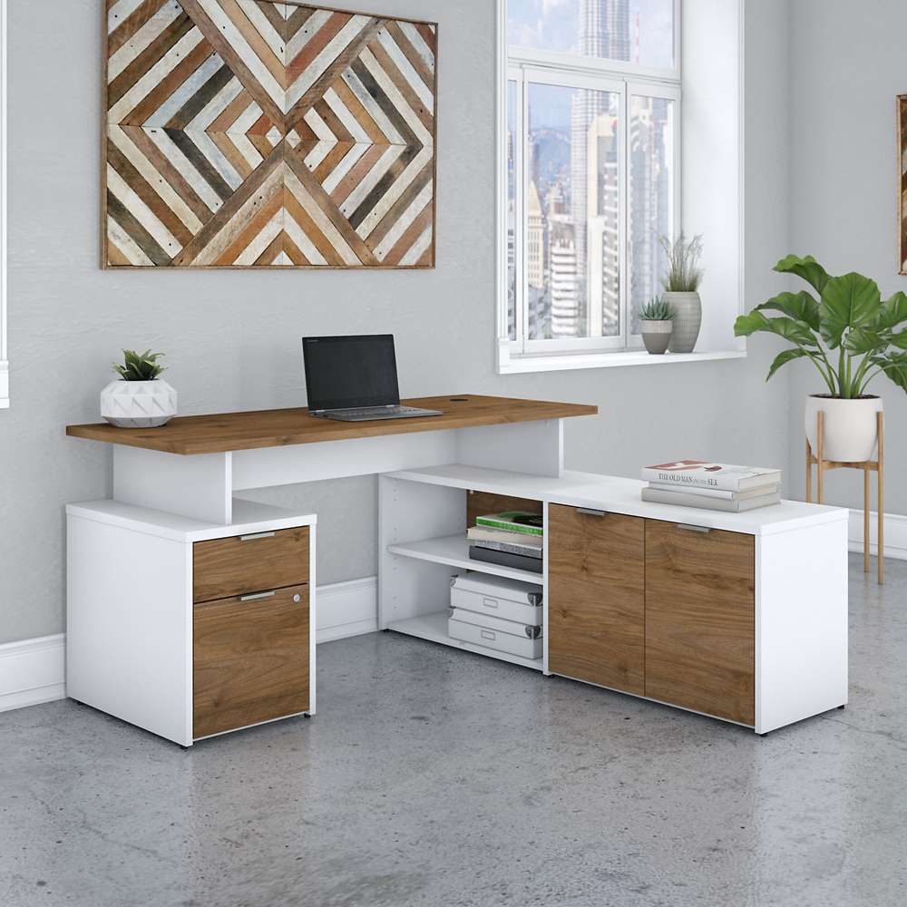 Bush Furniture - Jamestown 60W L Shaped Desk with Drawers in White and ...